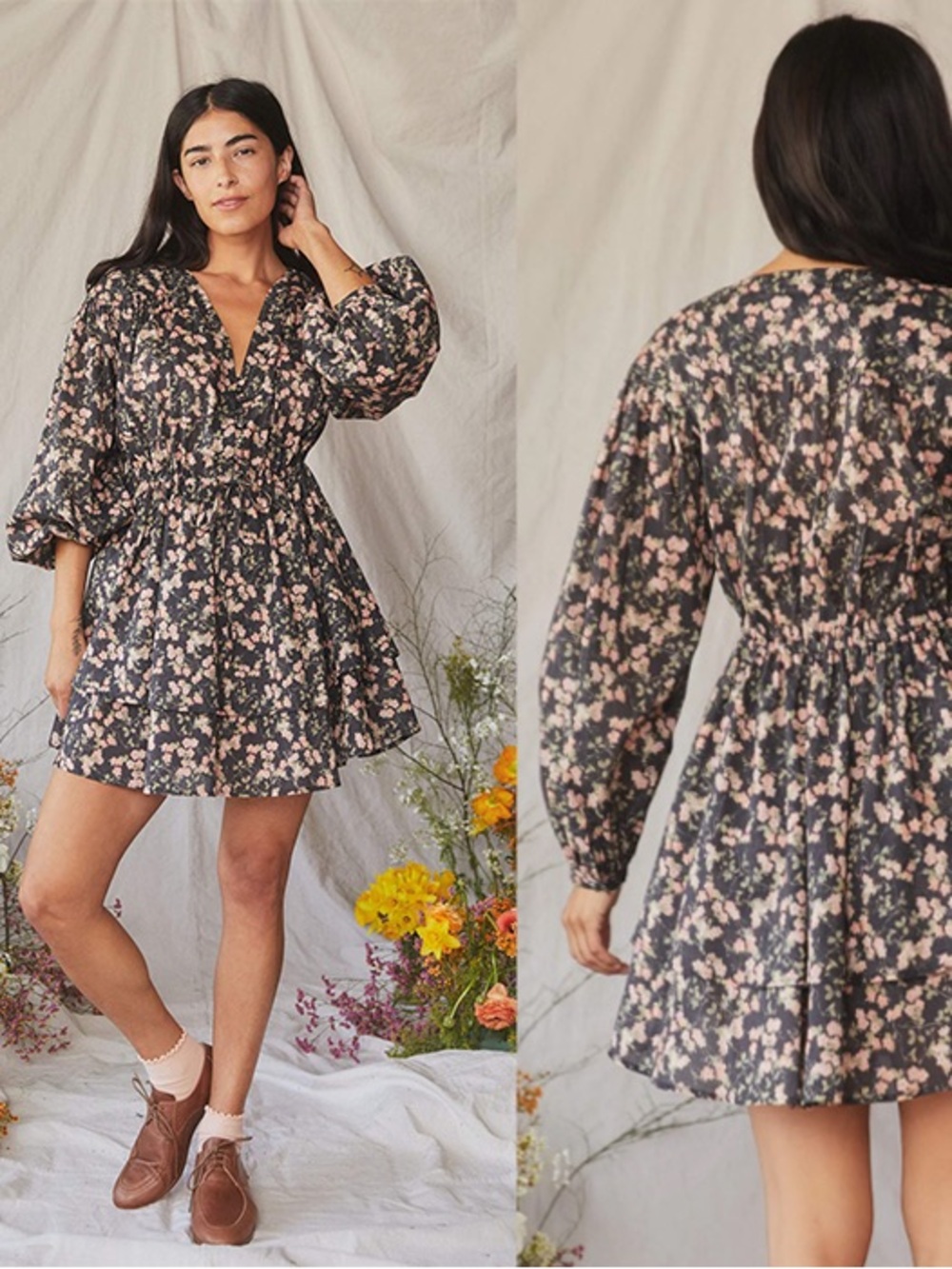 Christy Dawn Estelle Dark Gray Pink Floral Long Sleeve Mini Dress L